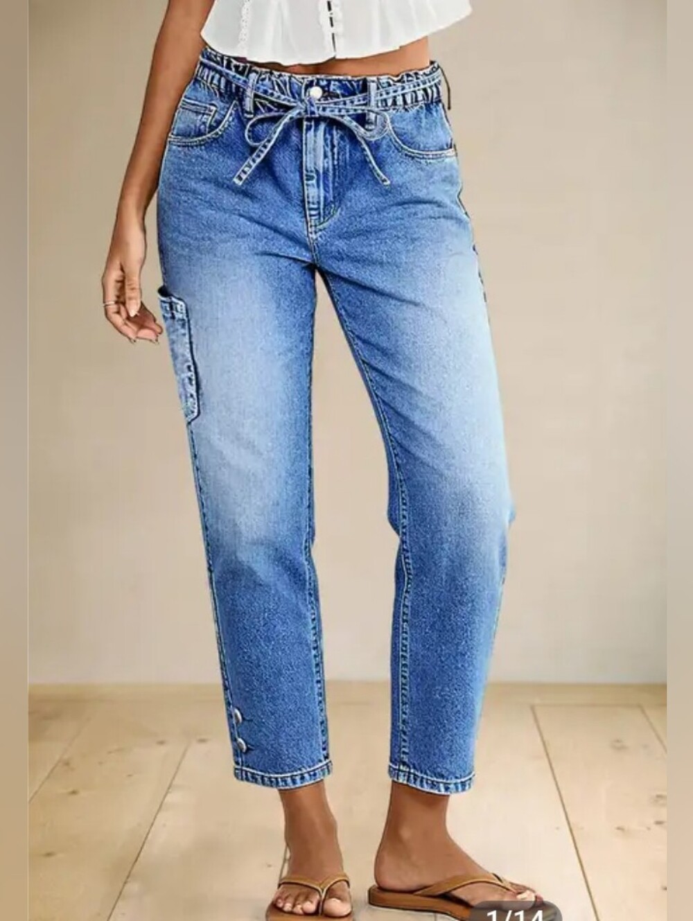 Flamingals Patch Pocket Button Detail Belted Elastic Waistband Crop Jeans NWT XL